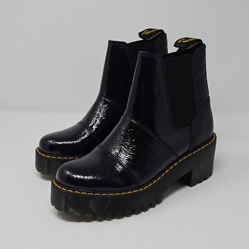 Dr. Martens Rozalie Destresse Patent Heeled Chelsea Black Boots Size 7